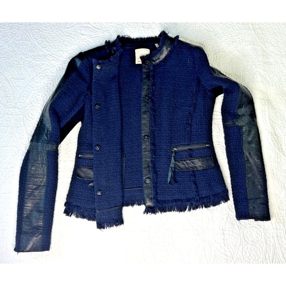 REBECCA TAYLOR Boucle Fringe Blazer SIZE 4 Navy Blue Black Leather Trim Coat EUC - Picture 9 of 16